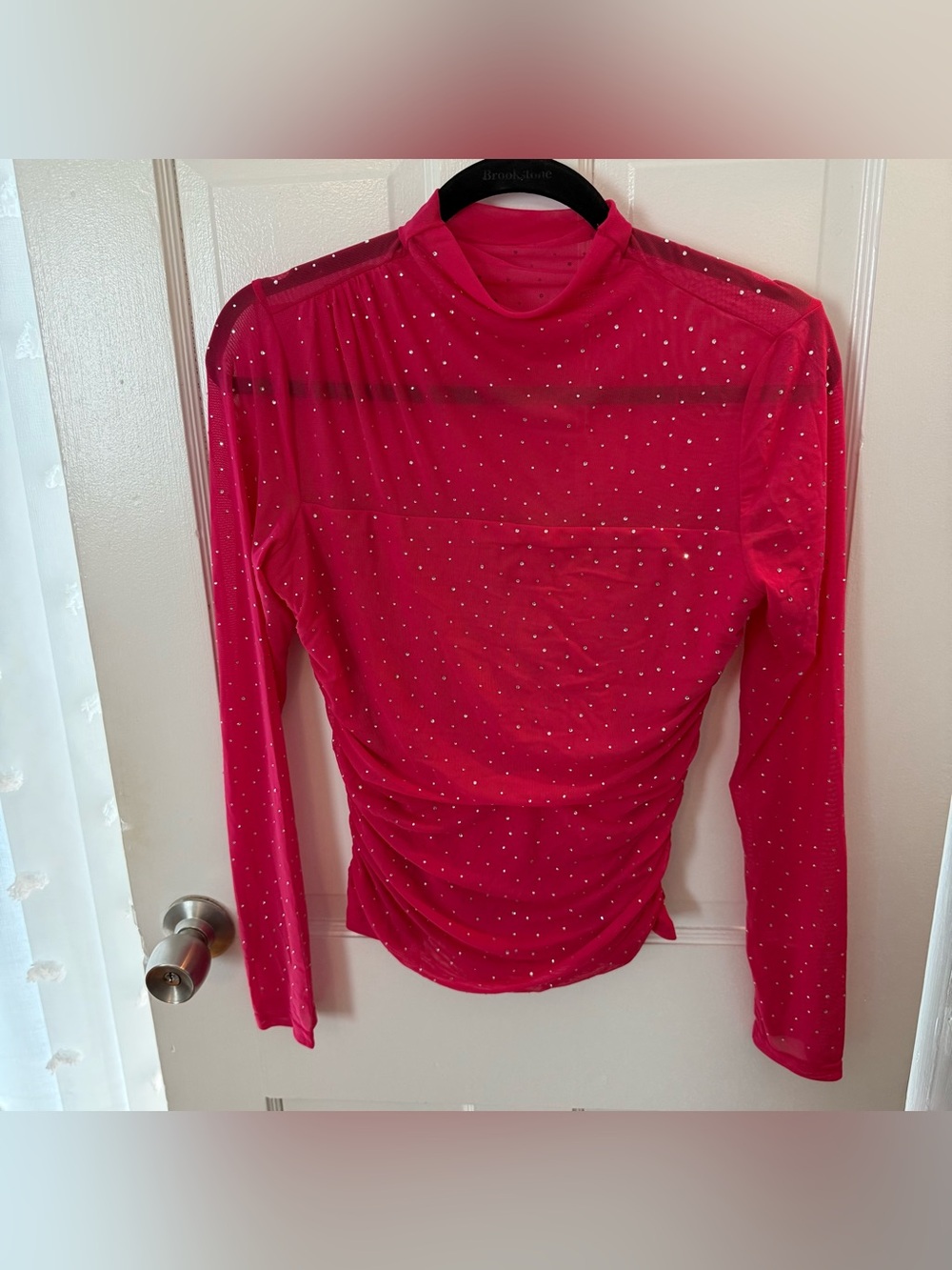Fuchsia Long-Sleeve Mesh Top with Rhinestones - Women